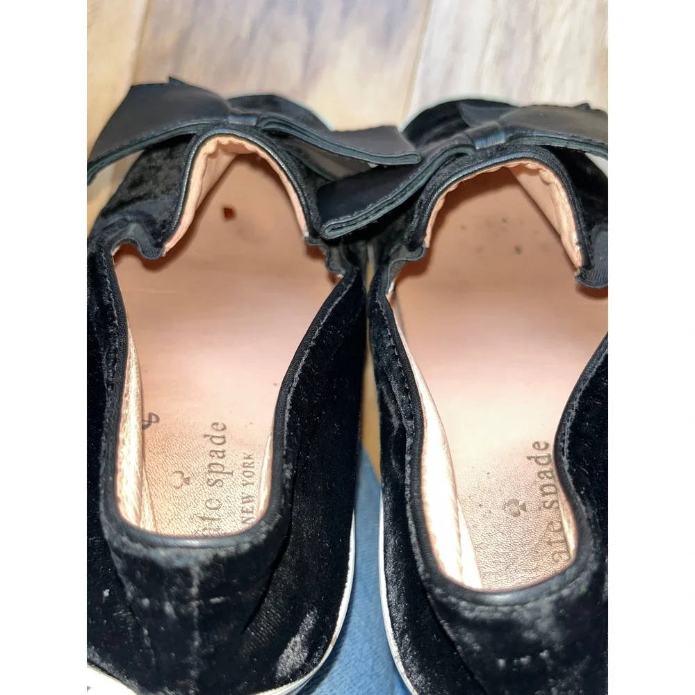 Kate Spade Velvet Bow Sneakers Womens 8 Black Slip On Flat Luxury Designer Luxe